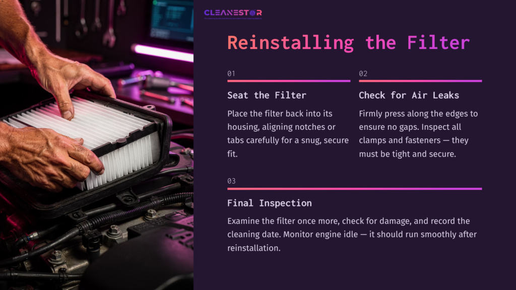 Step-By-Step Instructions On Reinstalling A K&Amp;N Air Filter, Featuring A Close-Up Of A Filter, Tools, And A Colorful, Modern Workspace.