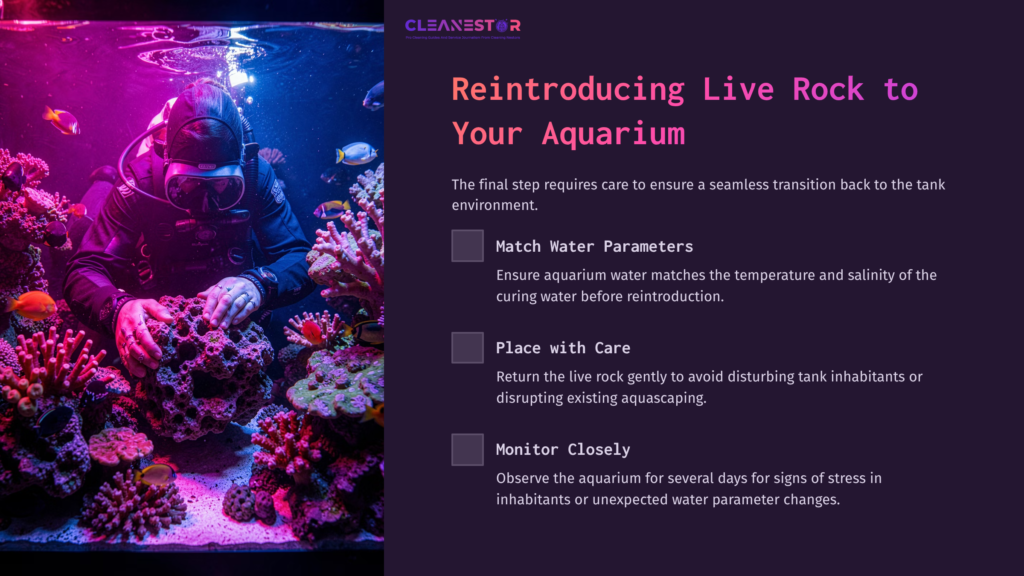 A Diver Carefully Places Live Rock In An Aquarium Filled With Colorful Corals And Vibrant Marine Life, Enhancing The Underwater Scene.