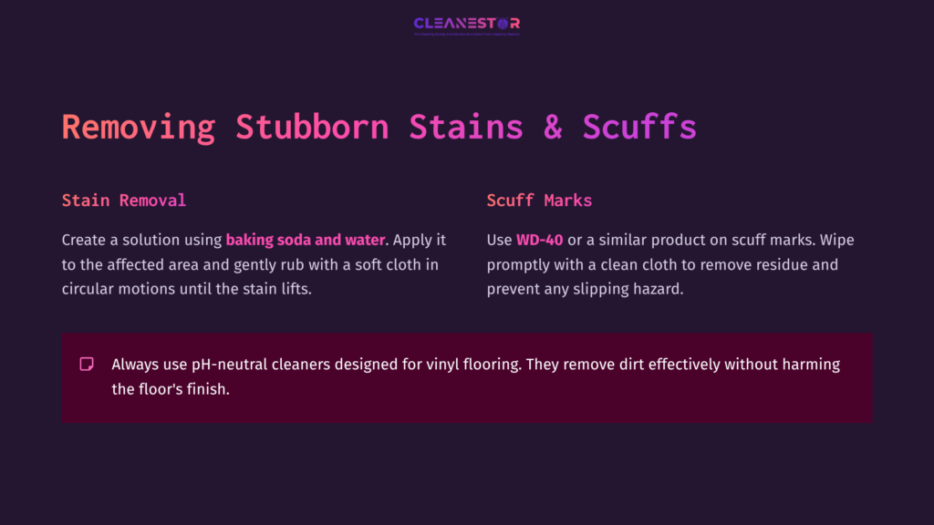 Text On A Dark Purple Background Detailing Cleaning Tips For Stubborn Stains And Scuffs On Rigid Core Flooring, With Emphasis On Baking Soda And Wd-40.