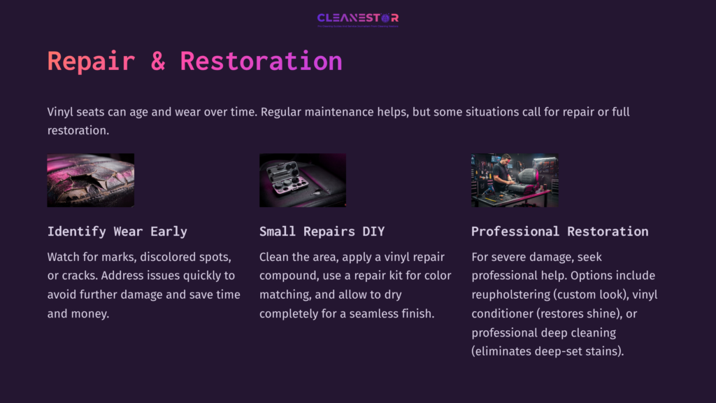 Text-Heavy Graphic On Vinyl Golf Cart Seat Care, Featuring Sections On Early Identification Of Damage, Diy Repairs, And Professional Restoration.