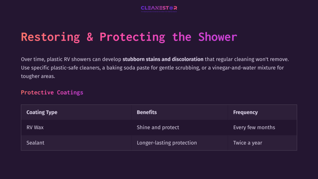 Text On A Dark Background Highlights Shower Cleaning Tips, Including Protective Coatings Like Rv Wax And Sealant With Benefits And Frequency.
