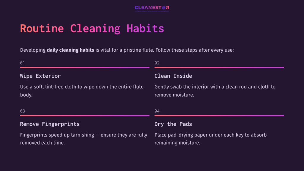 On A Dark Background, Text Outlines Routine Flute Cleaning Habits In Four Steps: Wipe Exterior, Clean Inside, Remove Fingerprints, And Dry Pads.
