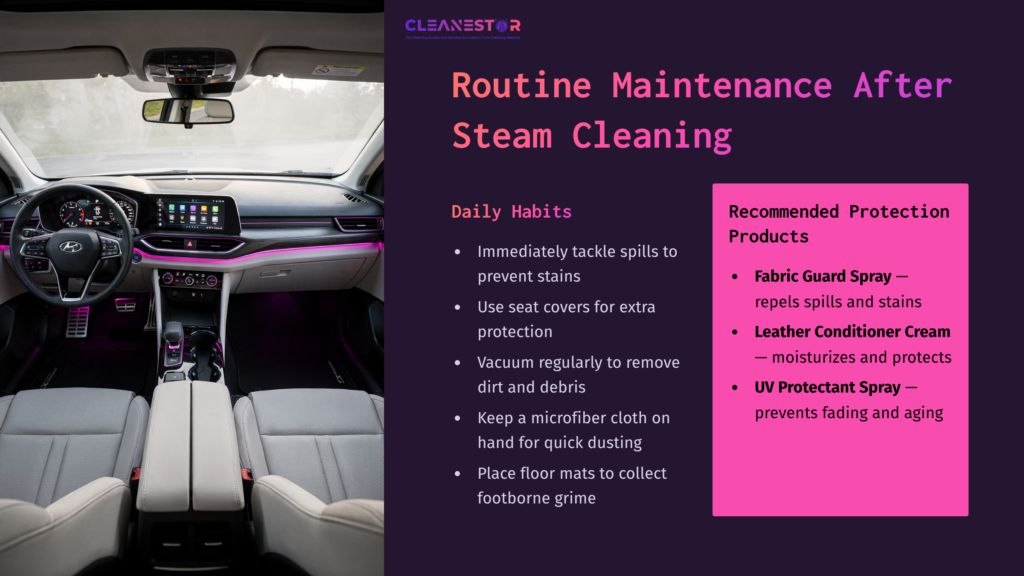 Interior Of A Car Showing A Clean Dashboard And Seats; Text Outlines Routine Maintenance Tips And Recommended Cleaning Products.