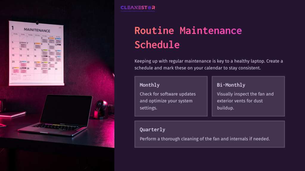 A Laptop Sits On A Desk With A Purple Background, Alongside A Calendar And A Maintenance Schedule Outlining Cleaning Tasks.