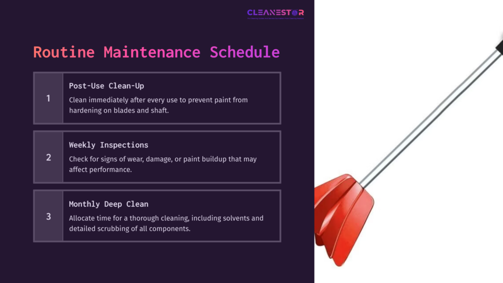 8 Routine Maintenance Schedule Red Paint Mixer With A Metal Shaft, Positioned To The Right Of A Purple Background Featuring Maintenance Instructions On The Left.
