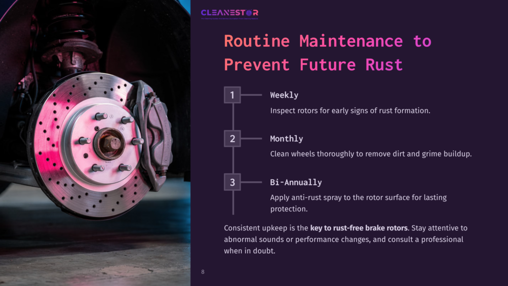 8 Routine Maintenance To Prevent Future Rust Close-Up Of A Brake Rotor And Wheel, Highlighting Rust. Text On The Left Outlines Routine Maintenance Tips In A Colorful Layout.