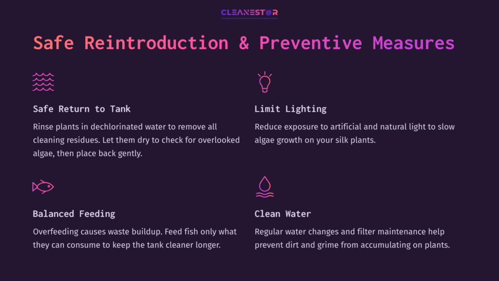 Text Graphic With A Dark Background Featuring White And Pink Text. Lists Tips For Maintaining Silk Aquarium Plants, Including Safe Return To Tank, Limiting Light, Balanced Feeding, And Clean Water.
