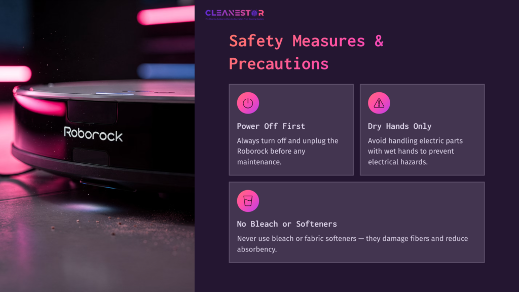 Roborock Robot Vacuum On A Dark Surface With Pink And Blue Lighting, Featuring Safety Measures And Precautions In A Text Box.