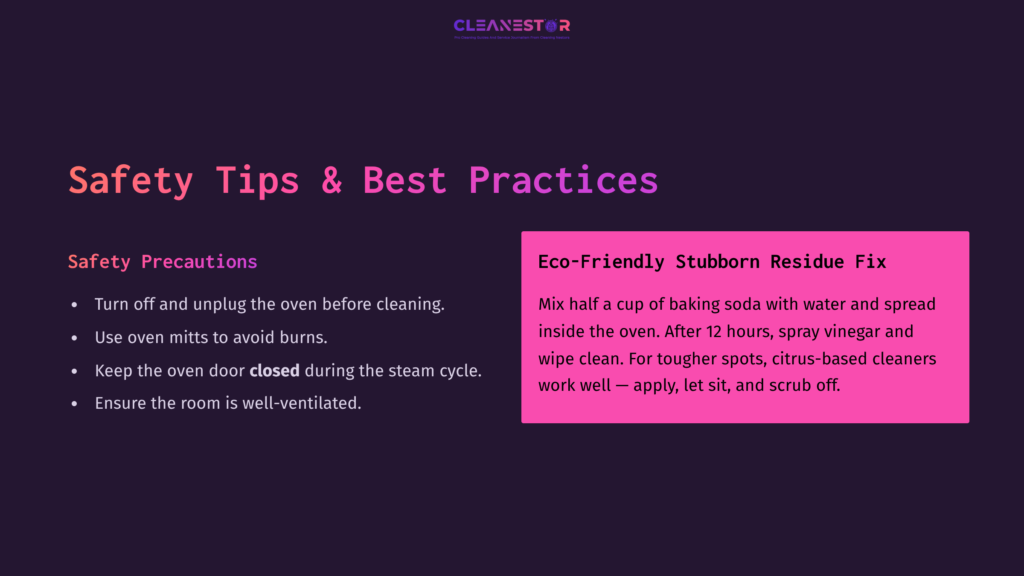 Text On A Dark Purple Background Outlines Safety Tips For Steam Cleaning A Frigidaire Oven, Highlighting Eco-Friendly Cleaning Solutions.
