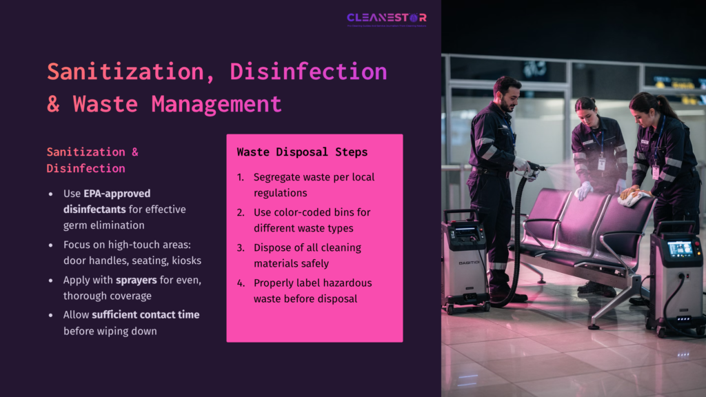 A Cleaner Uses An Epa-Approved Disinfectant On Airport Seating; Text Outlines Sanitation And Waste Disposal Steps Beside Them, In Bold Colors.