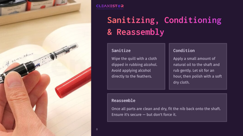 8 Sanitizing Conditioning And Reassembly A Close-Up Of A Hand Holding A Quill Pen Next To A Red Pen, With A Notepad In The Background. Text Boxes Provide Cleaning Instructions.
