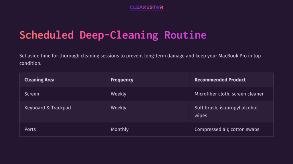 Table Outlining A Deep-Cleaning Schedule For Macbook Pro, Listing Areas, Frequency, And Recommended Cleaning Tools On A Dark Purple Background.