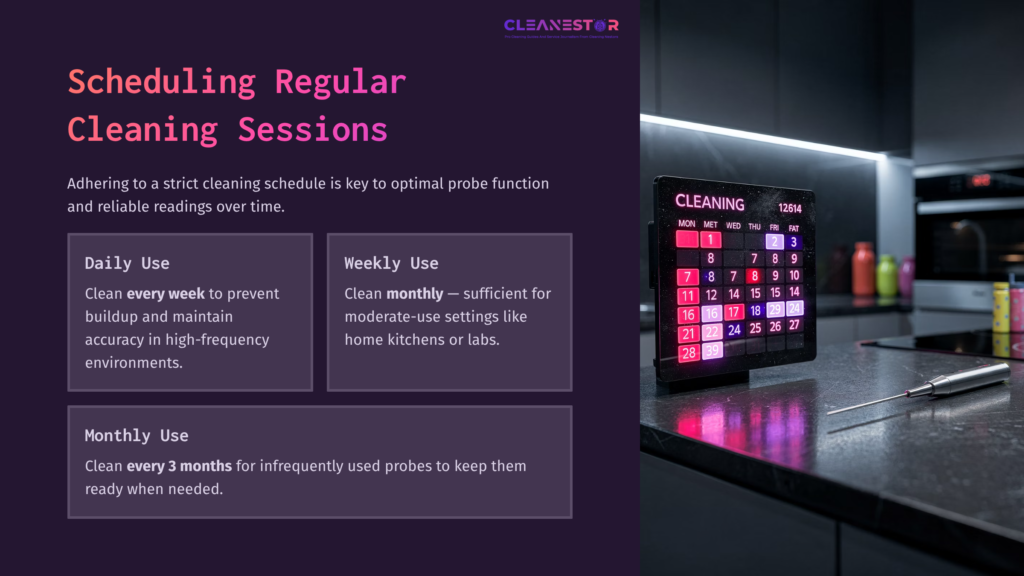 A Digital Temperature Probe Display In A Kitchen Setting, With A Purple Background, Outlining Cleaning Frequency Recommendations.