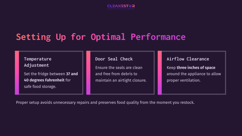 Three Panels On A Dark Purple Background: Temperature Settings, Door Seal Check Instructions, And Airflow Clearance Tips In Pink And White Text.