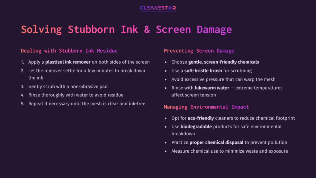 8 Solving Stubborn Ink And Screen Damage Instructions On Removing Plastisol Ink, Featuring Bullet Points In White Text On A Dark Purple Background, With Three Sections Outlined.