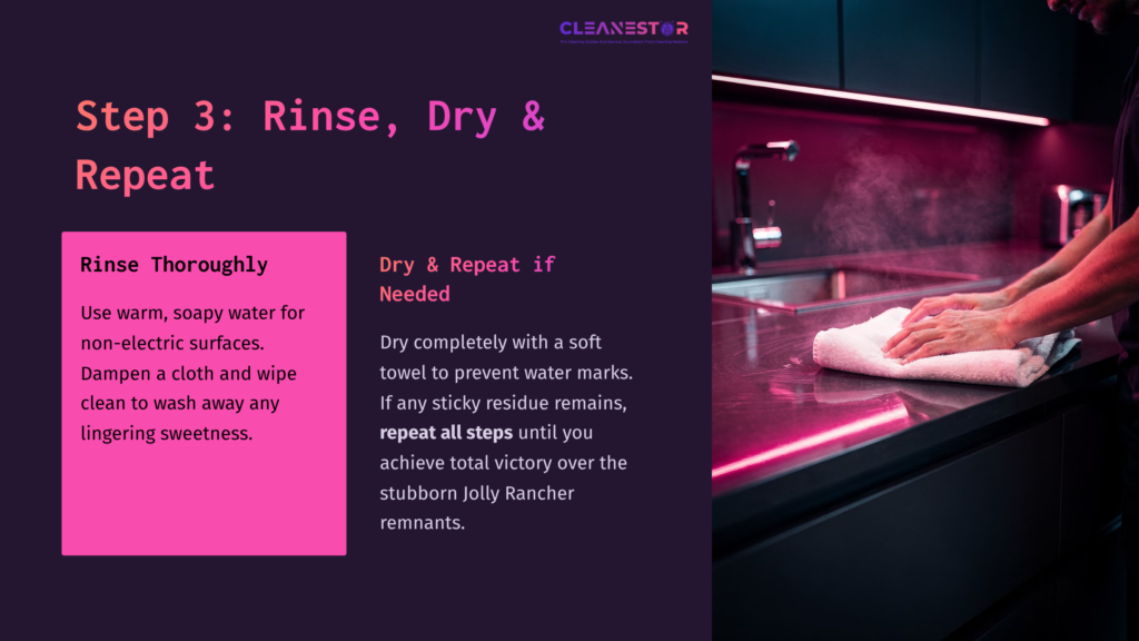 Brightly Lit Workspace With Pink And Blue Tones, Showing A Person Drying A Surface With A White Cloth, And Instructions On Cleaning Jolly Rancher Residue.