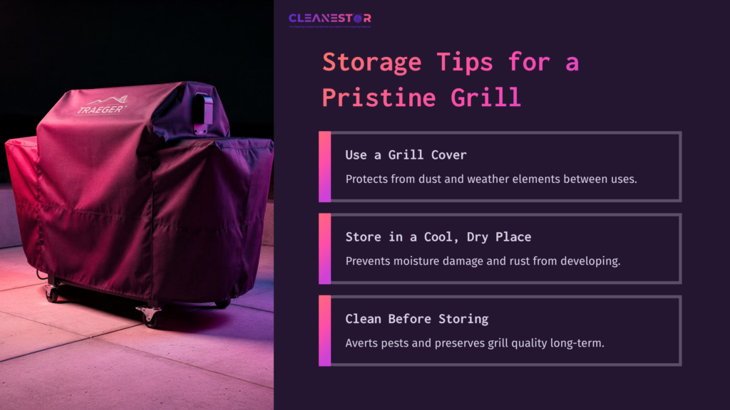 A Traeger Grill Covered With A Protective Cover, Displayed On A Dark Surface With Purple Lighting, Accompanied By Storage Tips In Text.