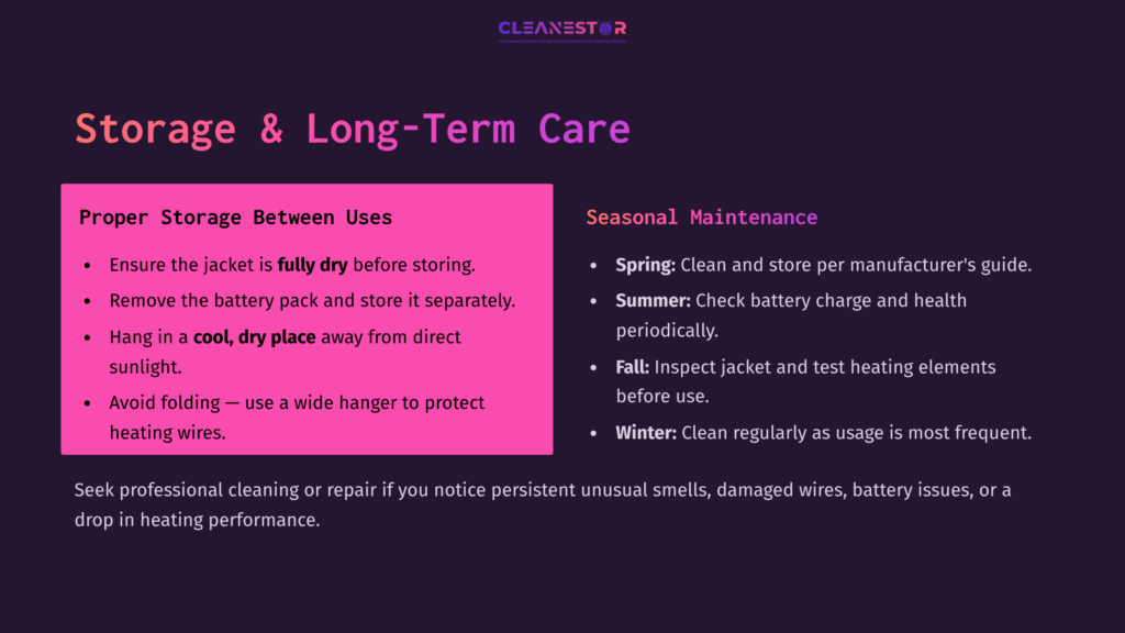 8 Storage And Long Term Care Bright Pink Box With Storage Instructions For A Milwaukee Heated Jacket, Including Battery Care Tips And Seasonal Maintenance Reminders On A Dark Background.