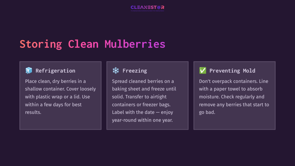 8 Storing Clean Mulberries Three Sections On A Dark Purple Background Provide Tips For Cleaning Mulberries. Key Points: &Quot;Refrigeration,&Quot; &Quot;Freezing,&Quot; And &Quot;Prevention.&Quot;