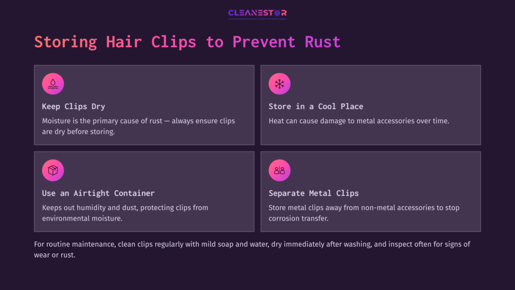 Four Boxes With Pink Icons Provide Tips For Storing Hair Clips To Prevent Rust. Text Highlights Keeping Clips Dry, Using Airtight Containers, Cooling Storage, And Separating Metal Clips.