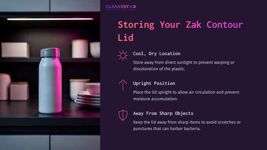 A Stainless Steel Water Bottle Sits On A Shelf With Purple Lighting, Alongside Various Dishes, Emphasizing A Clean Storage Setting.