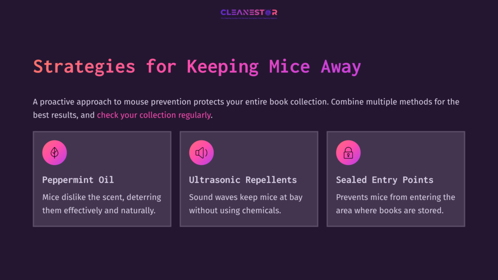 8 Strategies For Keeping Mice Away Four Strategies On A Dark Purple Background For Keeping Mice Away, Featuring Icons For Peppermint Oil, Ultrasonic Repellents, And Sealed Entry Points.
