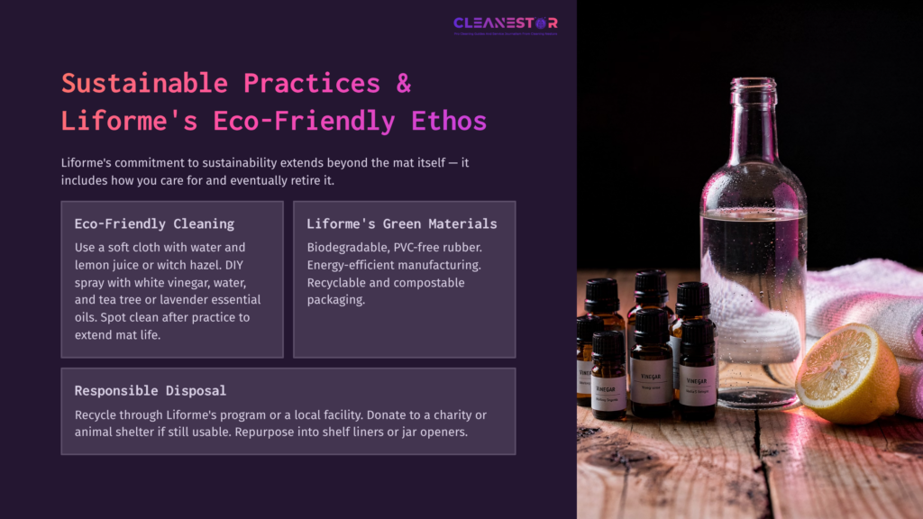 A Clean Glass Bottle Next To Essential Oils And A Spray Bottle, With A Purple Background Detailing Eco-Friendly Cleaning Practices.