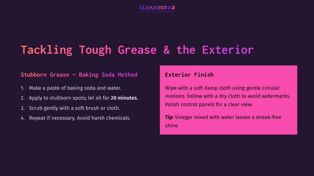 8 Tackling Tough Grease And The Exterior Instructions For Cleaning An Air Fryer Toaster Oven, Featuring Bold Text And Tips In A Purple And Black Layout, With Cleaning Methods Outlined.