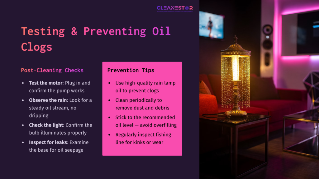 A Gold Rain Lamp Stands On A Table In A Cozy, Purple-Lit Room. Tips For Preventing Oil Clogs Are Listed In Bold Text On A Dark Purple Background.