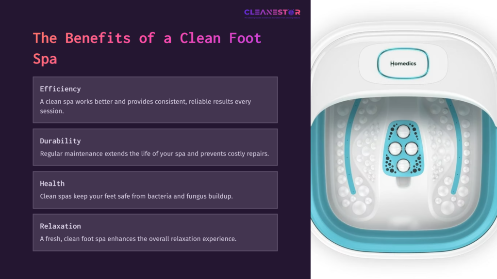 Diagram Showcasing A Homedics Foot Spa With A Turquoise Interior, Highlighting Benefits Of Cleanliness: Efficiency, Durability, Health, And Relaxation.