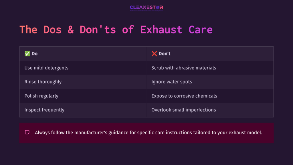A Dark-Themed Chart Listing &Quot;Dos&Quot; And &Quot;Don'Ts&Quot; For Motorcycle Exhaust Care, Featuring Bold Headings And Key Action Phrases In Contrasting Colors.