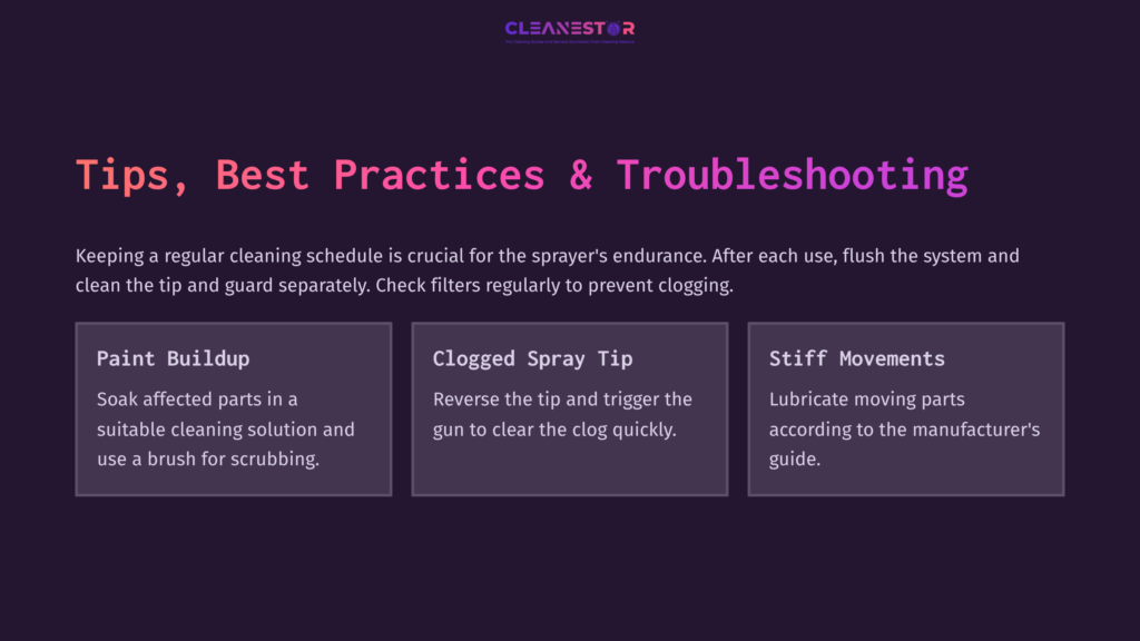 Tips For Maintaining A Graco Magnum Project Painter Plus, With Sections On Paint Buildup, Clogged Spray Tips, And Stiff Movement Issues.