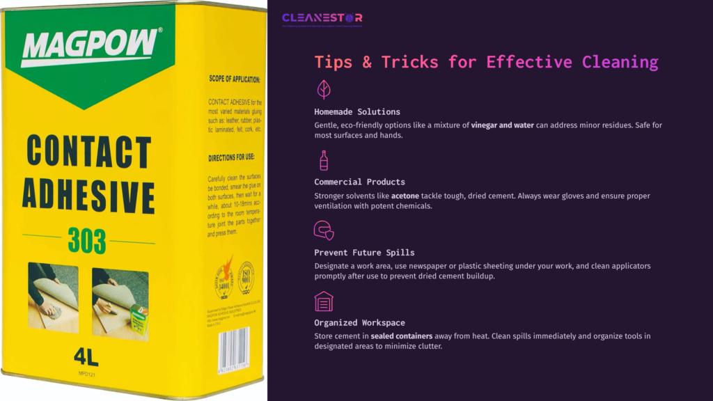 Yellow Container Of Magpow Contact Adhesive With Tips For Cleaning, Including Homemade Solutions And Product Recommendations, On A Dark Purple Background.