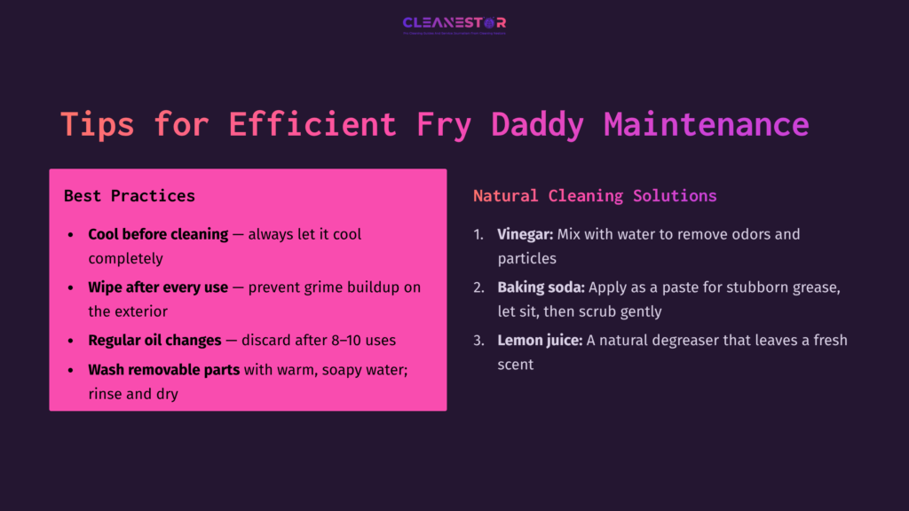 Tips For Fry Daddy Maintenance, Including Cool-Down, Cleaning Solutions Like Vinegar And Baking Soda, And Best Practices For Use.