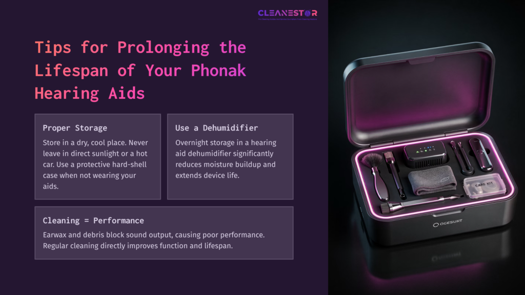 A Dark Purple Background Features A Sleek, Open Storage Box Containing Phonak Hearing Aids And Maintenance Tools, Highlighted By Pink Lighting. Text Boxes Outline Care Tips.