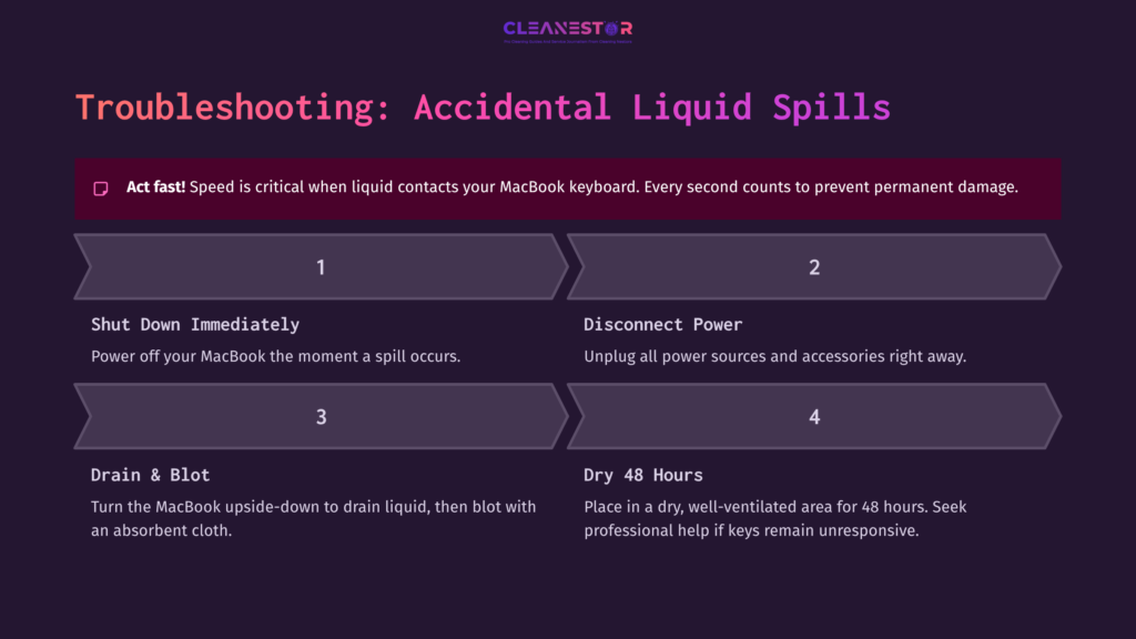 Instructions For Handling Accidental Liquid Spills On A Macbook Keyboard, With Numbered Steps In White Text On A Dark Purple Background.