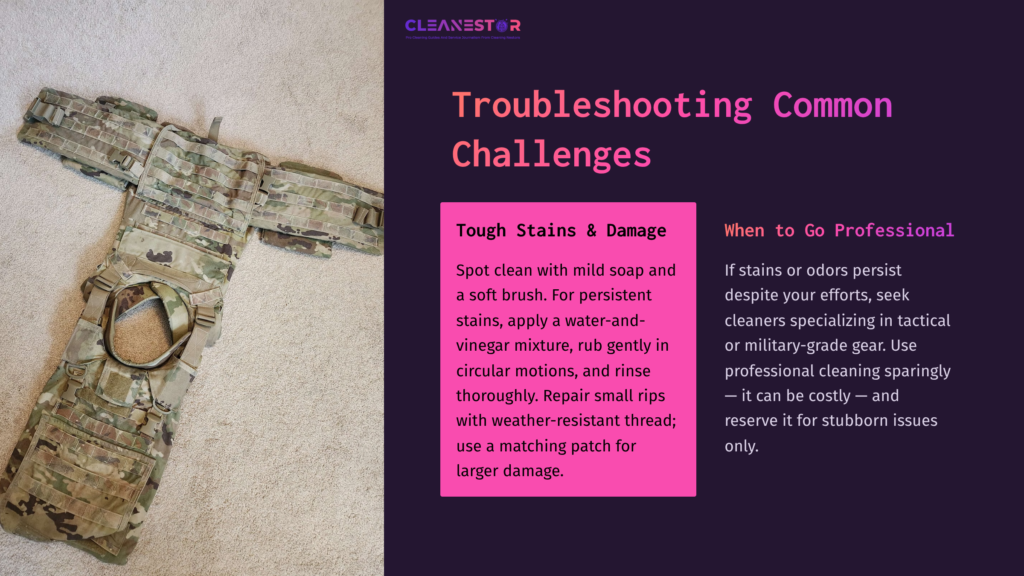 8 Troubleshooting Common Challenges Camouflaged Tactical Gear Laid Flat With Cleaning Instructions, Featuring Troubleshooting Tips For Stains And Damage On A Purple Background.