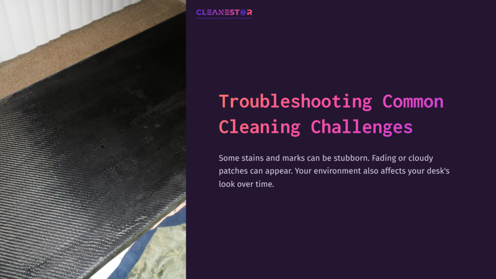 Close-Up Of A Carbon Fiber Desk With Visible Stains And Cloudy Patches, Alongside A Dark Purple Background With White Text About Cleaning Challenges.