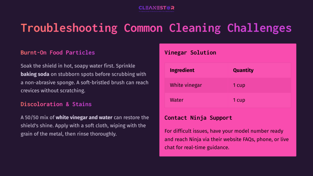 A Text Layout On A Dark Pink And Purple Background Detailing Cleaning Tips, Featuring Sections On Food Particles, Stains, And Support Contact.