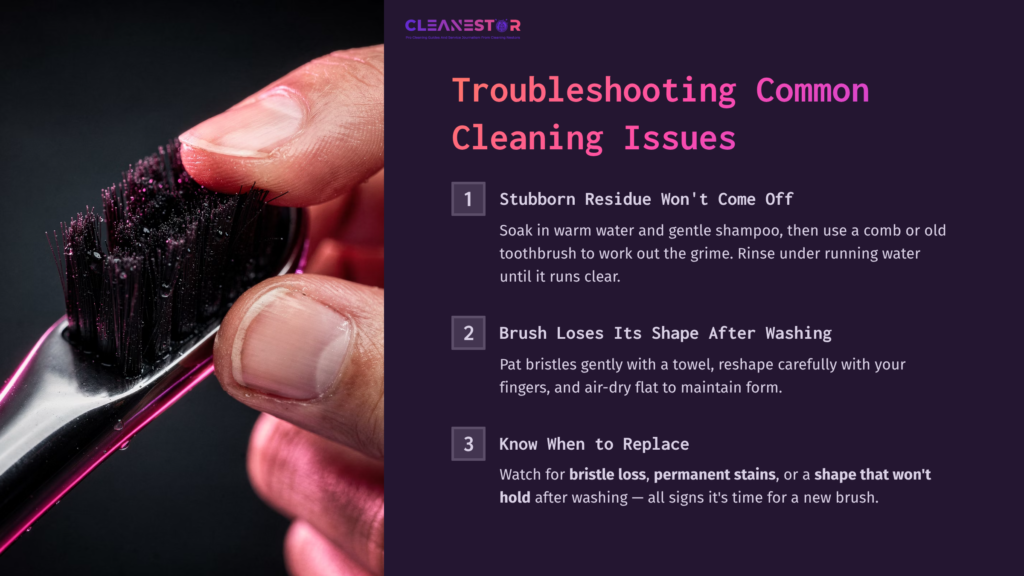 A Close-Up Of A Hand Holding A Dark, Bristle Brush With A Purple Background, Featuring Text Outlining Cleaning Tips And Issues.