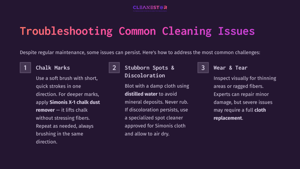 Purple Background With White Text Outlining Three Cleaning Tips For Simonis Cloth: Addressing Chalk Marks, Stubborn Spots, And Wear Issues.