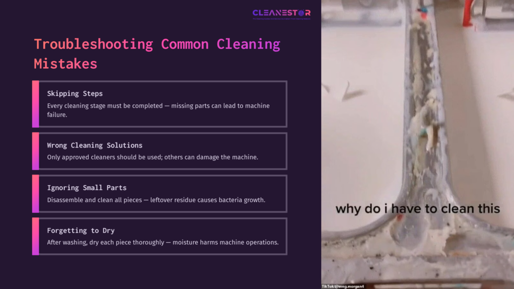 Visual Guide With Purple And White Text Listing Ice Cream Machine Cleaning Mistakes, Accompanied By A Partially Cleaned Ice Cream Machine.