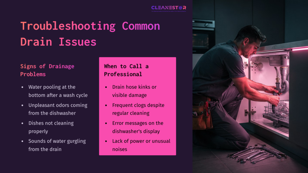 Man Inspecting A Dishwasher Under A Kitchen Counter, With A Dark Purple Background Listing Signs Of Drainage Issues And When To Call A Professional.