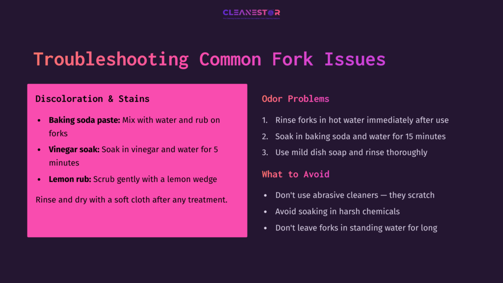 Bright Pink And White Text Outlines Troubleshooting Tips For Cleaning Forks, Highlighting Issues Like Stains And Odor Problems With Clear Instructions.