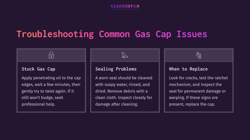 8 Troubleshooting Common Gas Cap Issues Three Sections On Troubleshooting Gas Cap Issues: Stuck Cap, Sealing Problems, And When To Replace, With Concise Instructions And A Dark Background.