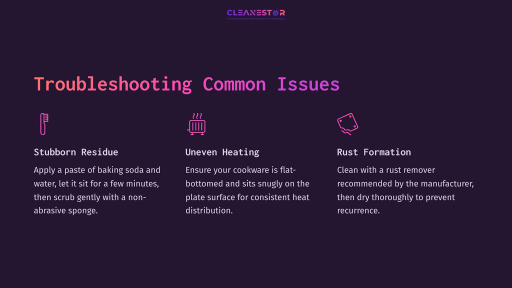 Dark Purple Background With Pink Text Detailing Troubleshooting Tips For Electric Solid Hot Plates, Including Stubborn Residue And Rust Formation.