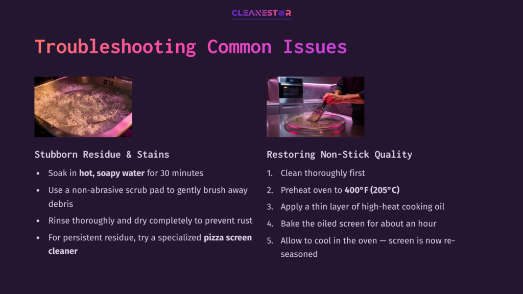A Dark Purple Background Features Two Sections: Troubleshooting Tips With White Text And Images Of Hands Cleaning Pizza Screens With A Brush.