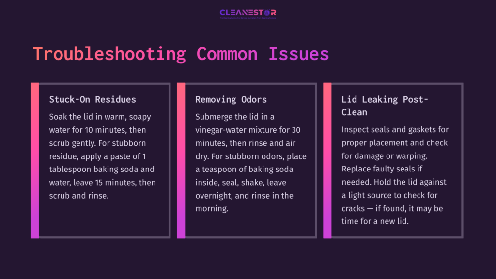 Three Colorful Sections On A Dark Background Detailing Troubleshooting Steps For Cleaning A Swig Lid, Including Tips For Stubborn Residues, Odors, And Leaks.