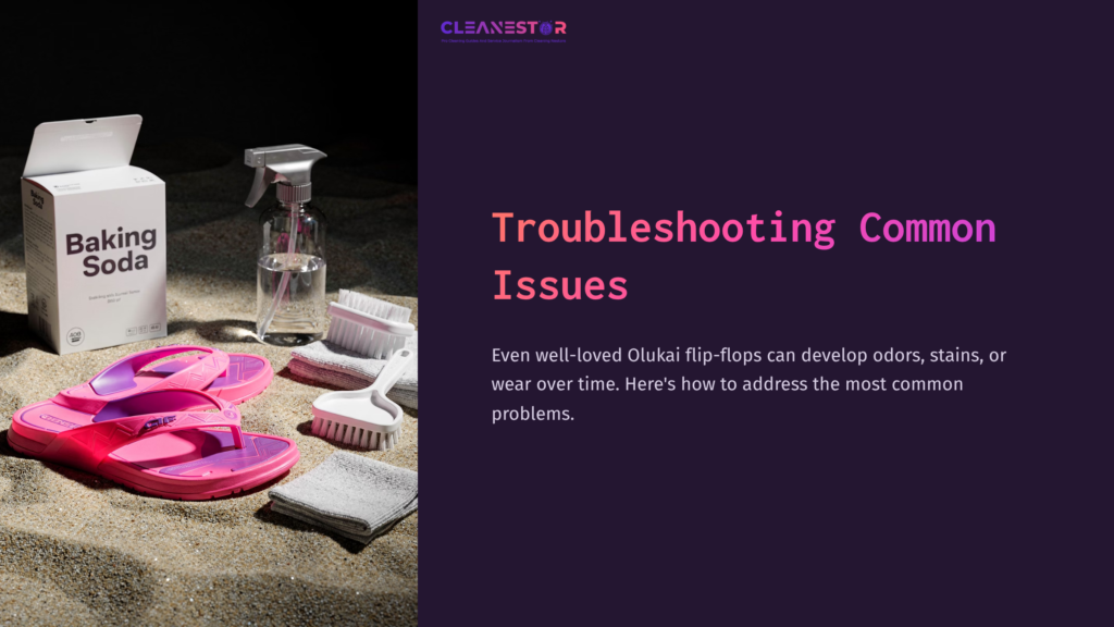 Pink Olukai Flip-Flops On Sandy Surface, With Baking Soda, Spray Bottle, Cleaning Brush, And Cloth, Highlighting Cleaning Essentials.