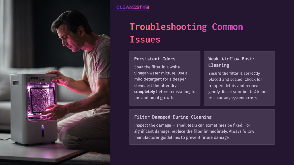 A Man Cleans An Arctic Air Filter In A Dimly Lit Room, With A Pink Hue From The Device; Text Outlines Troubleshooting Tips.